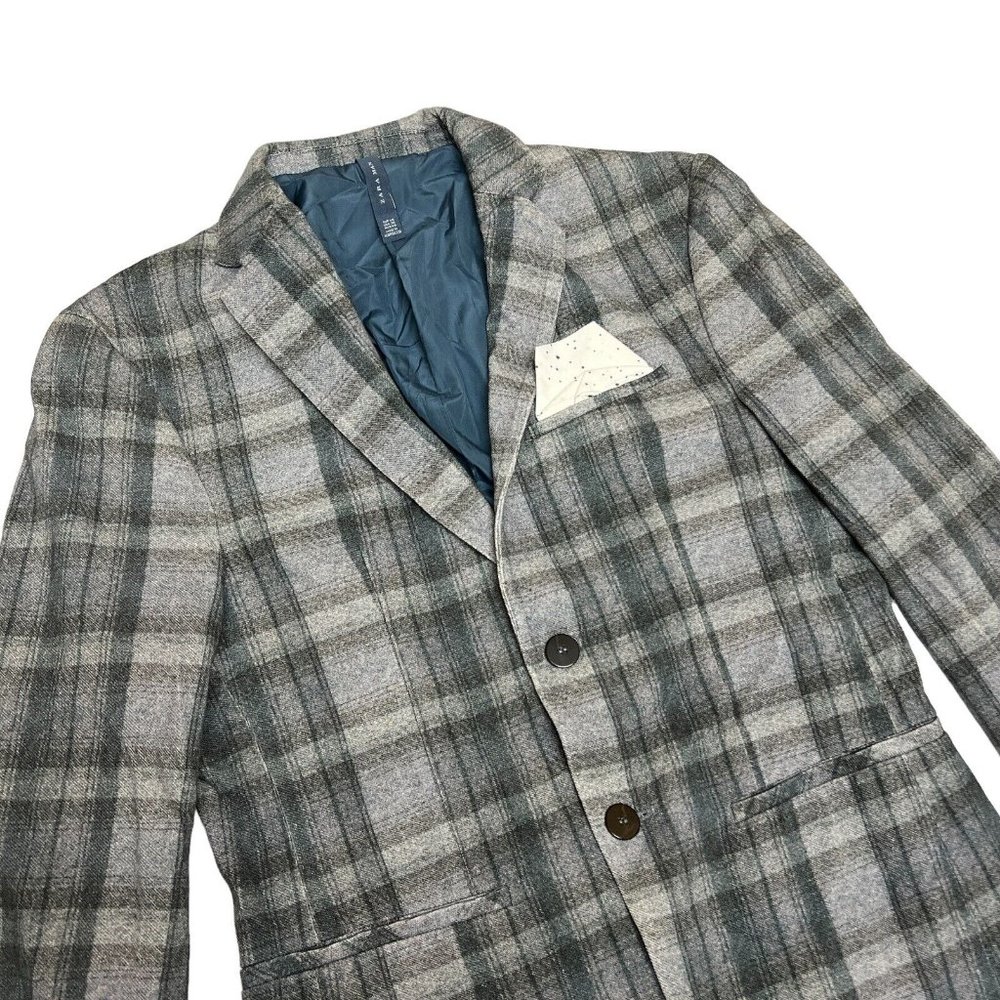 Zara Man Men’s 36 Plaid Sports Coat Pocket Square Floral Blue Blazer Academia